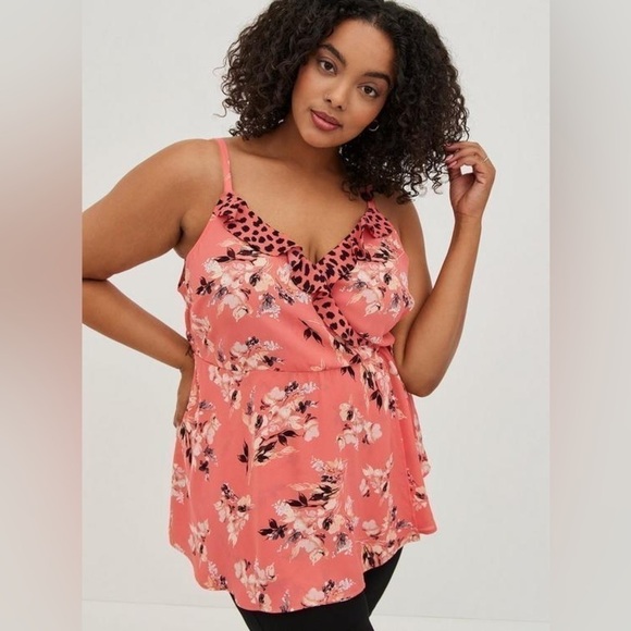 Torrid Coral Georgette Ruffle Front Floral Animal Print Adjustable Cami - Picture 3 of 11
